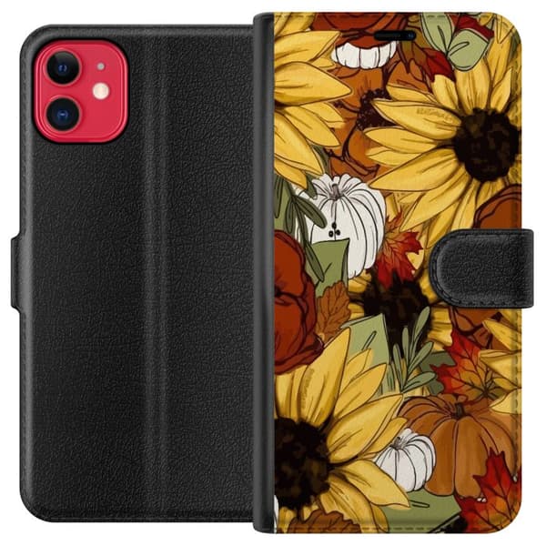 Kompatibel Tegnebogsetui til Apple iPhone 11 Solsikker og græskar – efterårsblomstdesign i varme farver, perfekt til dig, der elsker naturen og efter