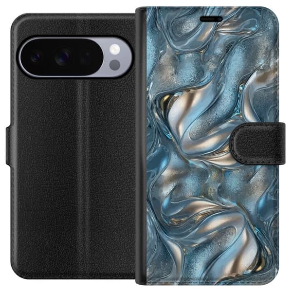 Kompatibel Tegnebogsetui til Google Pixel 10 Pro Abstrakt flydende krom i sølv og blå metallisk effekt sølv