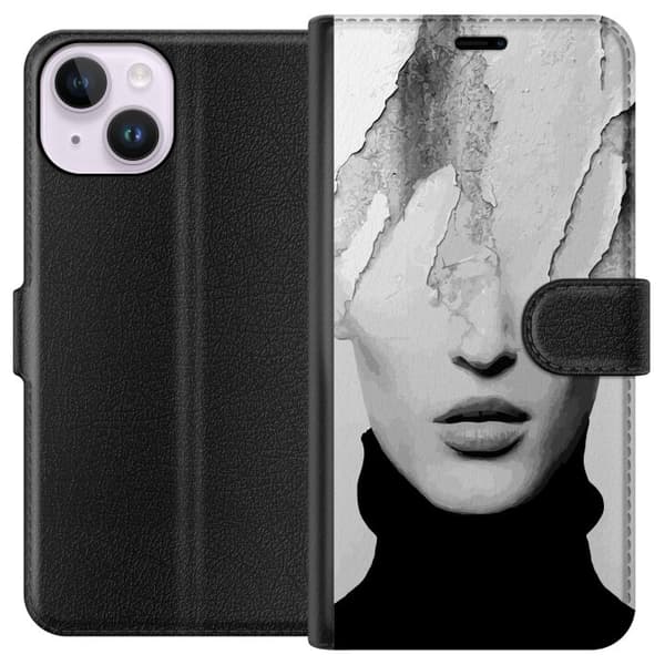 Kompatibel Tegnebogsetui til Apple iPhone 14 Abstrakt ansikte i svartvitt grå