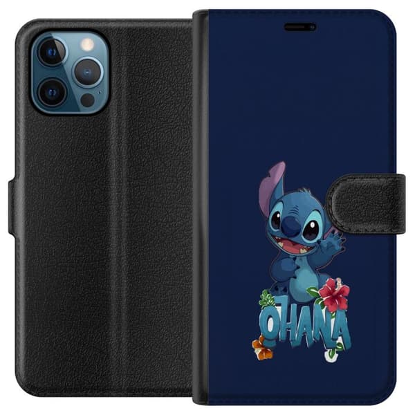 Kompatibel Tegnebogsetui til Apple iPhone 12 Pro Charmerende blå tegnet figur, der vinker over tekst og tropiske hibiscusblomster mod mørkeblå baggru blå