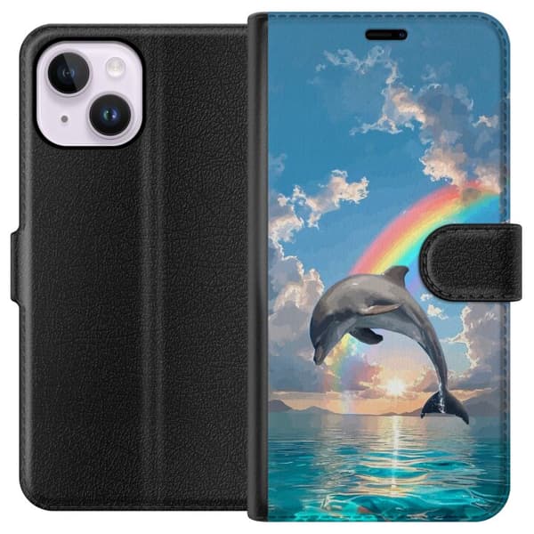 Kompatibelt Plånboksfodral till Apple iPhone 15 Plus Realistisk delfin framför regnbåge över lugnt hav blå