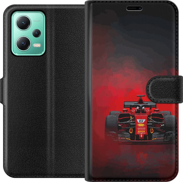 Kompatibel Tegnebogsetui til Xiaomi Redmi Note 12 Rød formelbil set forfra under en rød røgsky på sort baggrund sort