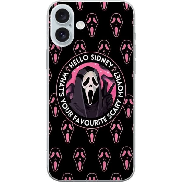 Kompatibel Mobilcover til Apple iPhone 16 Plus Sort og rosa skrækmotiv med maskerede figurer og teksten Hello Sidney sort