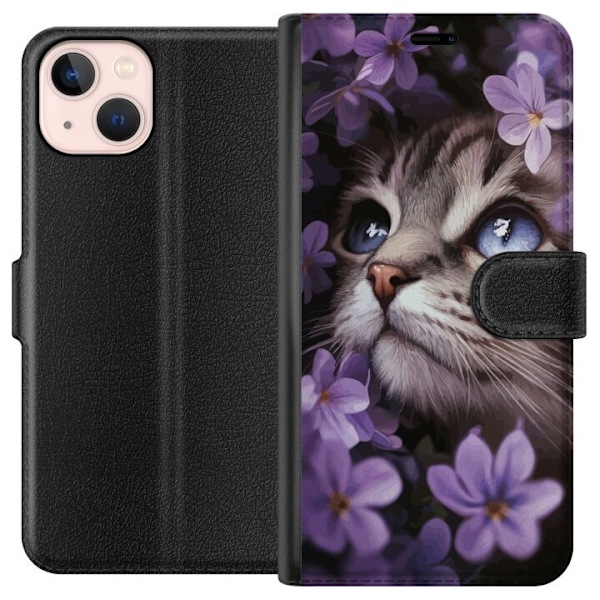 Apple iPhone 13 Lompakkokotelo Kissa ja kukat