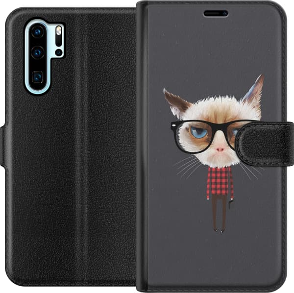 Kompatibelt Lommeboketui til Huawei P30 Pro Grå kattgrafikk grå