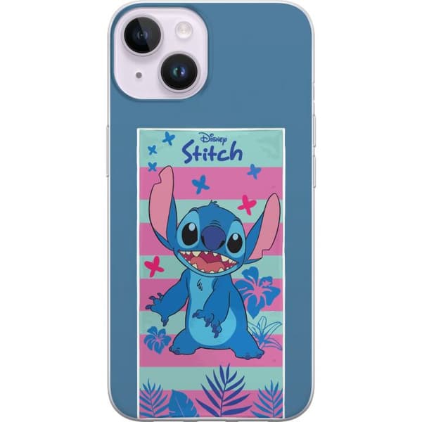 Kompatibelt Mobildeksel til Apple iPhone 14 Stitch med tropiske blader og pastellstriper blå