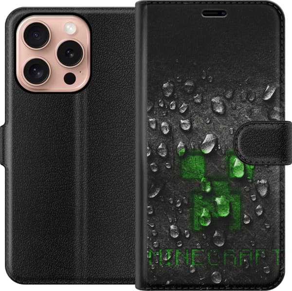Kompatibel Tegnebogsetui til Apple iPhone 16 Pro Grøn pixelikon på sort baggrund med realistiske vanddråber sort