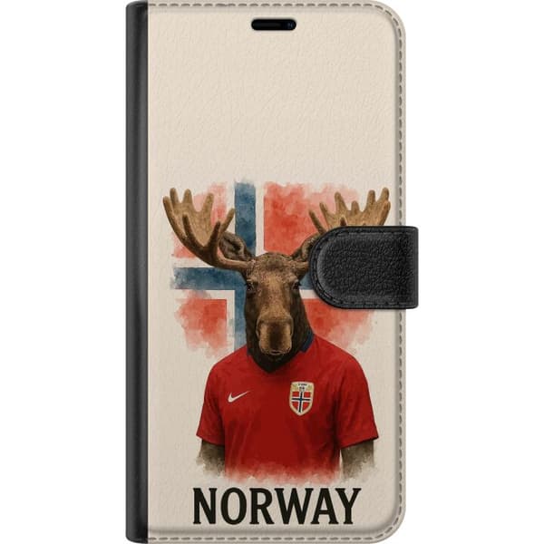 Kompatibelt Plånboksfodral till Xiaomi Redmi Note 10 Pro Illustrerad älg i norska landslagströjan framför Norges flagga röd