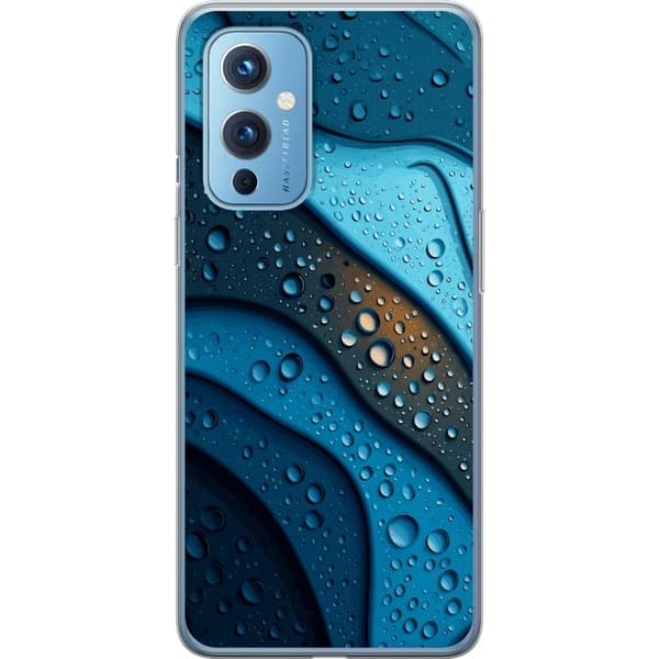 Kompatibelt Mobildeksel til OnePlus 9 Blå abstrakte bølger med glitrende vanndråper i moderne grafisk design blå