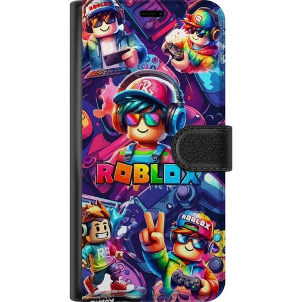 Kompatibel Tegnebogsetui til Apple iPhone 12 mini Farverig Roblox-gamingillustration med flere karakterer, spilcontrollere, neonlys og dynamisk kompo