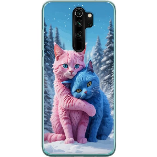 Kompatibel Mobilcover til Xiaomi Redmi Note 8 Pro  Søde lyserøde og blå katte, der krammer i sneklædt vinterlandskab blå