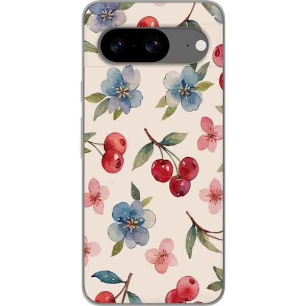 Google Pixel 8 Läpinäkyvä kuori Marjat & Kukat - kuvio, jossa on sinisiä kukkia ja metsänmarjoja