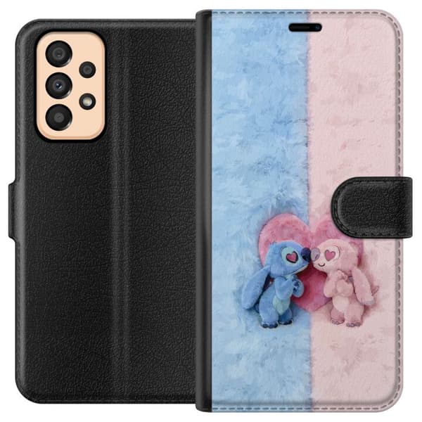 Kompatibel Tegnebogsetui til Samsung Galaxy A33 5G Søde blå og lyserøde figurer foran et stort lyserødt hjerte pink