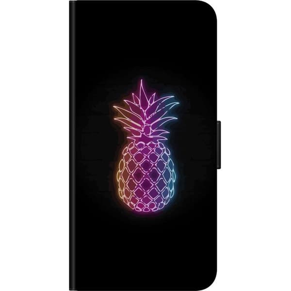 Kompatibel Tegnebogsetui til OnePlus 9 Pro Neonillustration af ananas i farverigt lys mod sort baggrund
