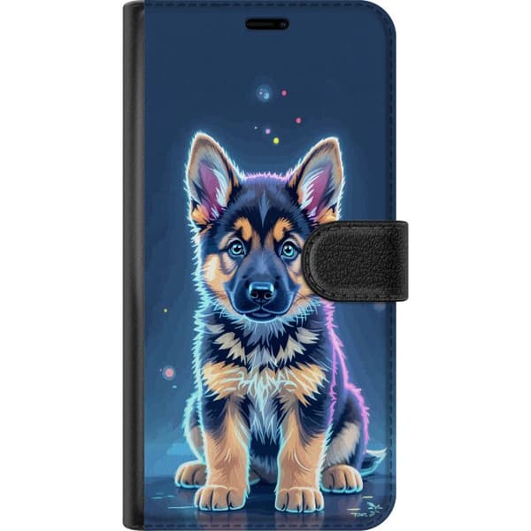 Kompatibelt Lommeboketui til Apple iPhone 16 Plus Neonlyst schäfervalp med blå og lilla lys-effekter blå