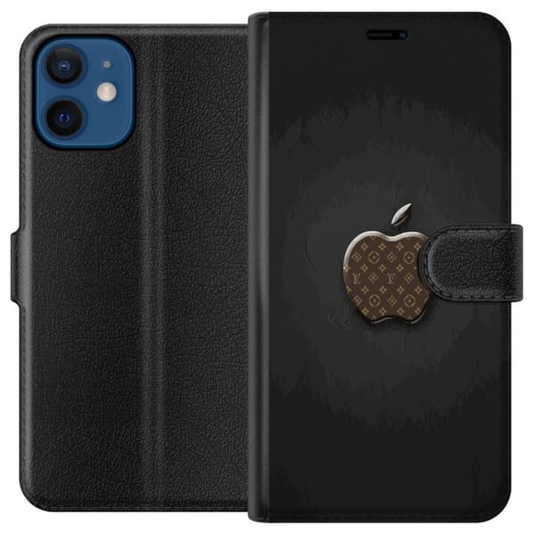 Kompatibel Tegnebogsetui til Apple iPhone 12 mini Mørkt minimalistisk design med æblesymbol og luksuriøst monogrammønster