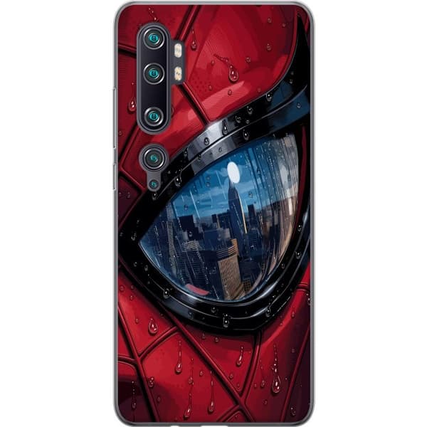 Kompatibelt Mobildeksel til Xiaomi Mi Note 10 Pro Nærbilde av Spider-Man-maske med regndråper og byrefleksjon i øyet rød