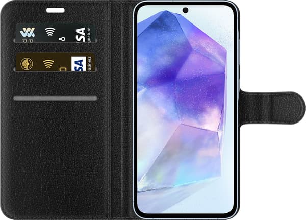 Kompatibel Tegnebogsetui til Samsung Galaxy A55 Rosa stjernehår - Sort motiv med svarthåret figur med rosa stjerner. sort