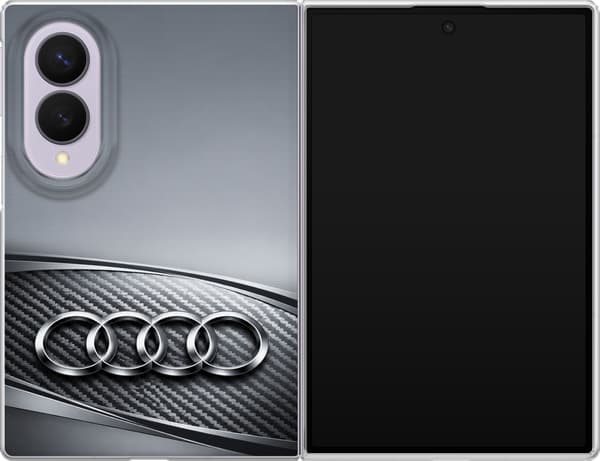 Kompatibel Mobilcover til Samsung Galaxy Z Fold8 Audi – Sølvfarvede ringe – Fire sølvfarvede ringe over grå og sorte diagonale linjer på grå baggrund grå