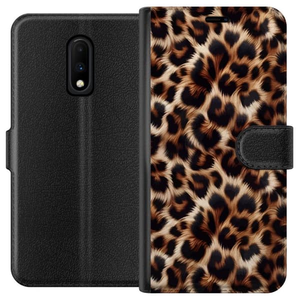 Kompatibel Tegnebogsetui til OnePlus 7 Nær billede af leopardmønster med bløde pelsdetaljer i brune og sorte nuancer