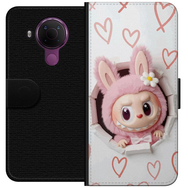 Nokia 5.4 Lompakkokotelo Labubu Sydän Taustakuva Pop Mart Rakkausteema Hahmodesign Suosittu Motiivi Keräilytaideteossarja