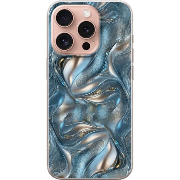 Kompatibelt Mobildeksel til Apple iPhone 16 Pro Abstrakt flytende krom i sølv og blå metallisk effekt sølv