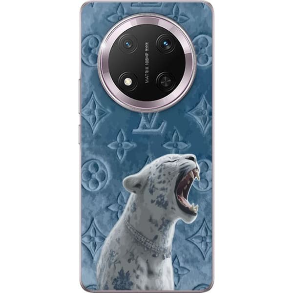 Kompatibelt Mobildeksel til Honor Magic7 Lite Eksklusiv hvit leopard med blå detaljer og elegant mønstret bakgrunn blå