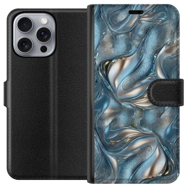 Kompatibel Tegnebogsetui til Apple iPhone 16 Pro Max Abstrakt flydende krom i sølv og blå metallisk effekt sølv