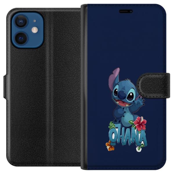 Kompatibel Tegnebogsetui til Apple iPhone 12 Charmerende blå tegnet figur, der vinker over tekst og tropiske hibiscusblomster mod mørkeblå baggrund blå