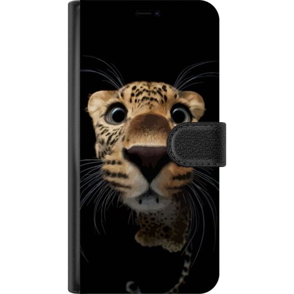 Kompatibel Tegnebogsetui til OnePlus 7 Nærbillede af leopard med store øjne mod sort baggrund og legesyg følelse sort