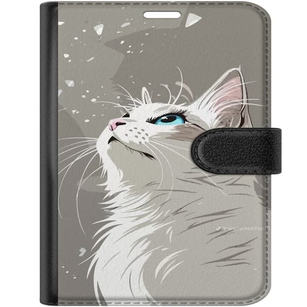 Kompatibel Tegnebogsetui til Apple iPhone Duo Stilren illustration af en hvid kat med blå øjne, der kigger opad mod en grå baggrund grå