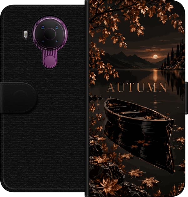 Kompatibel Tegnebogsetui til Nokia 5.4 Mørk efterårssø med robåd, brune blade, bjerge og teksten ”Autumn” brun