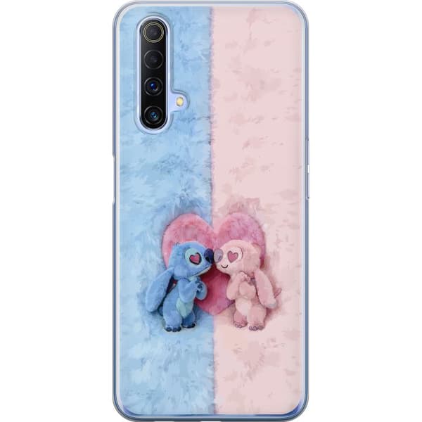 Kompatibel Mobilcover til Realme X50 5G Søde blå og lyserøde figurer foran et stort lyserødt hjerte pink