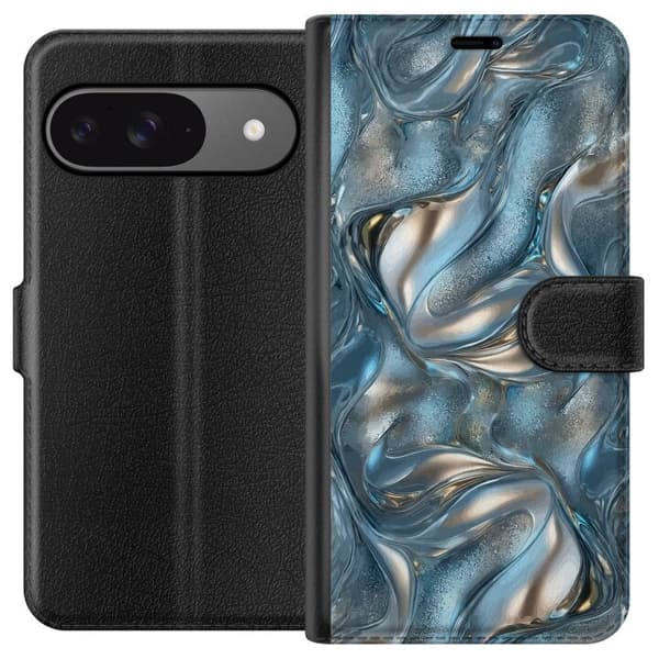 Kompatibel Tegnebogsetui til Google Pixel 9 Pro Abstrakt flydende krom i sølv og blå metallisk effekt sølv