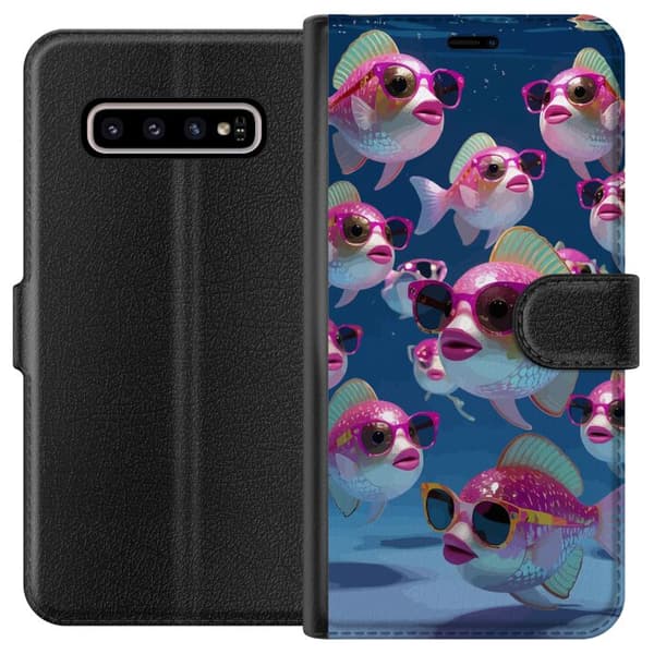 Kompatibel Tegnebogsetui til Samsung Galaxy S10+ Fiskar med solglasögon blå