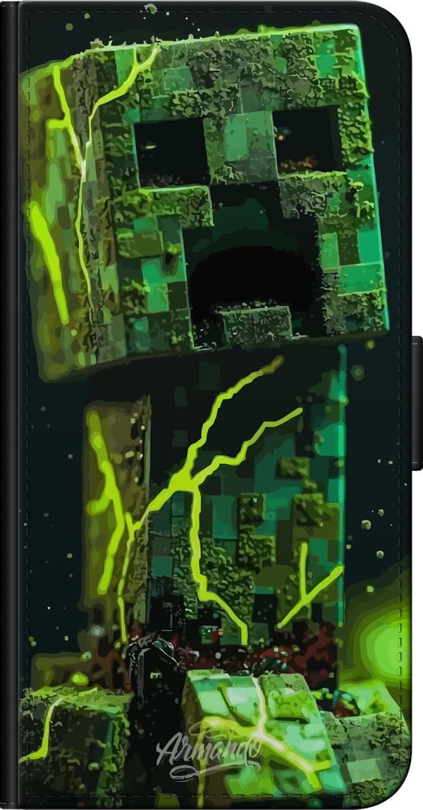 Kompatibel Tegnebogsetui til OnePlus 8 Grønt pixeleret monster med sort ansigt og limegrønne lyn mod mørk baggrund grøn