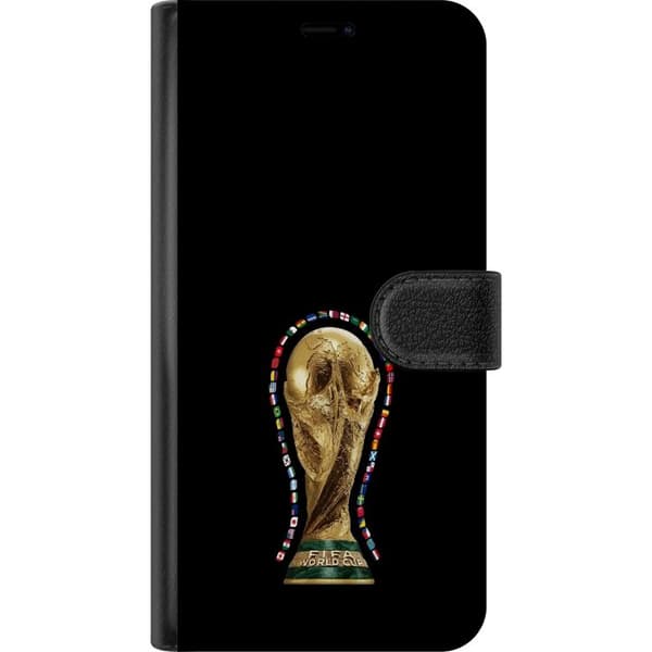 Kompatibel Tegnebogsetui til Google Pixel 9 Fodbold VM-trofæ omgivet af verdens flag i elegant design guld