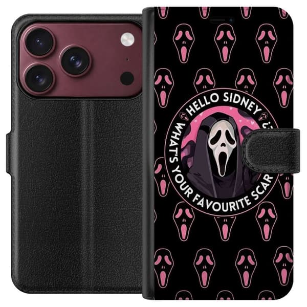 Kompatibel Tegnebogsetui til Apple iPhone 18 Pro Max Sort og rosa skrækmotiv med maskerede figurer og teksten Hello Sidney sort