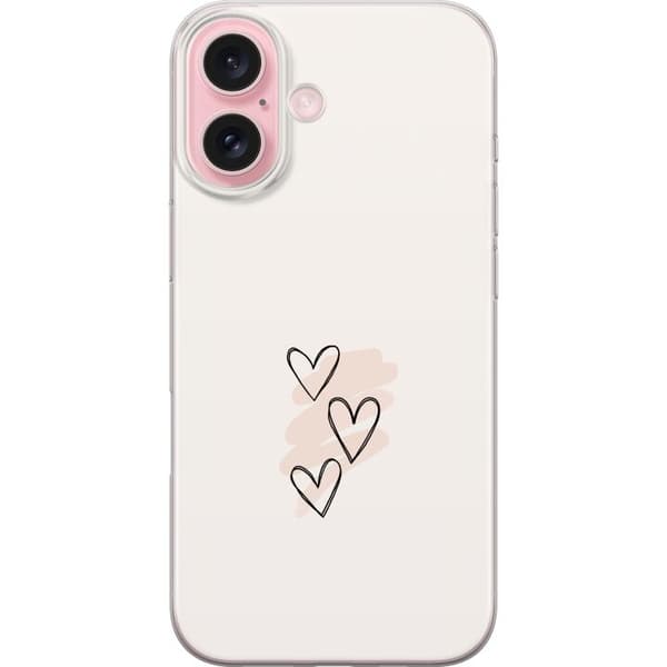 Kompatibel Mobilcover til Apple iPhone 16 Tre håndtegnede sorte konturhjerter over lyserøde penselstrøg på lys baggrund pink