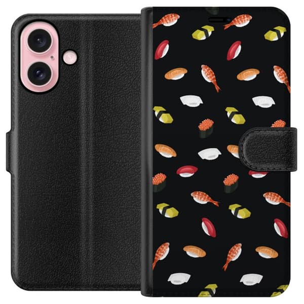 Kompatibel Tegnebogsetui til Apple iPhone 16 Mønster med sushi, nigiri, rejer og rogn mod sort baggrund sort