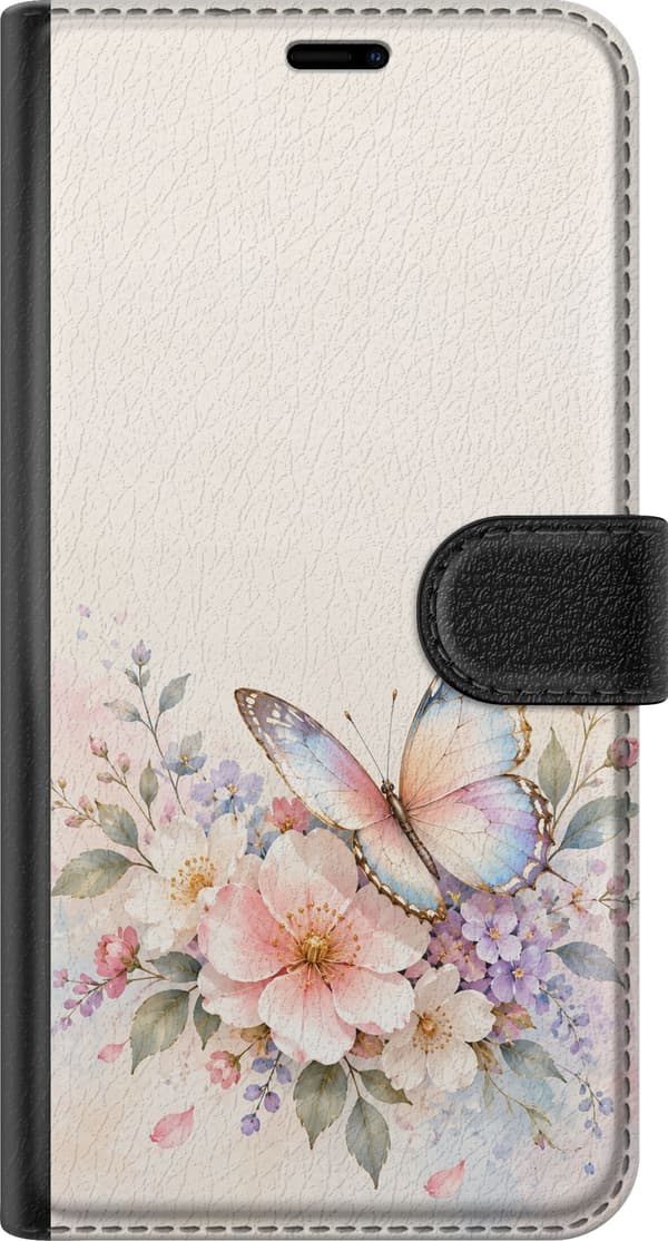 Kompatibel Tegnebogsetui til Apple iPhone XS Max Pastelsommerfugl og lyserøde blomster – Stor sommerfugl i lyseblå, lyserøde og gule farver sammen me beige