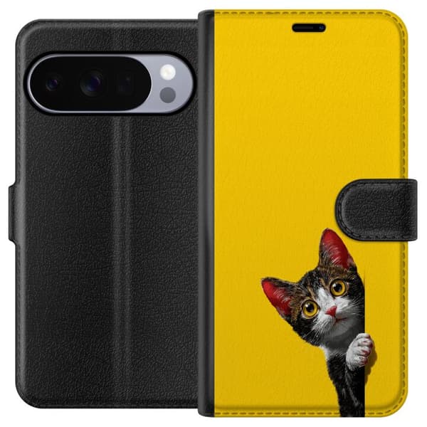 Kompatibel Tegnebogsetui til Google Pixel 10 Pro XL Sød kat, der kigger ud mod gul minimalistisk baggrund gul