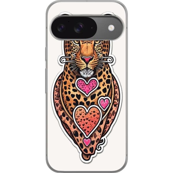 Kompatibel Mobilcover til Google Pixel 9 Illustreret leopard med lyserøde og orange hjerter, sorte pletter og dekorative detaljer orange