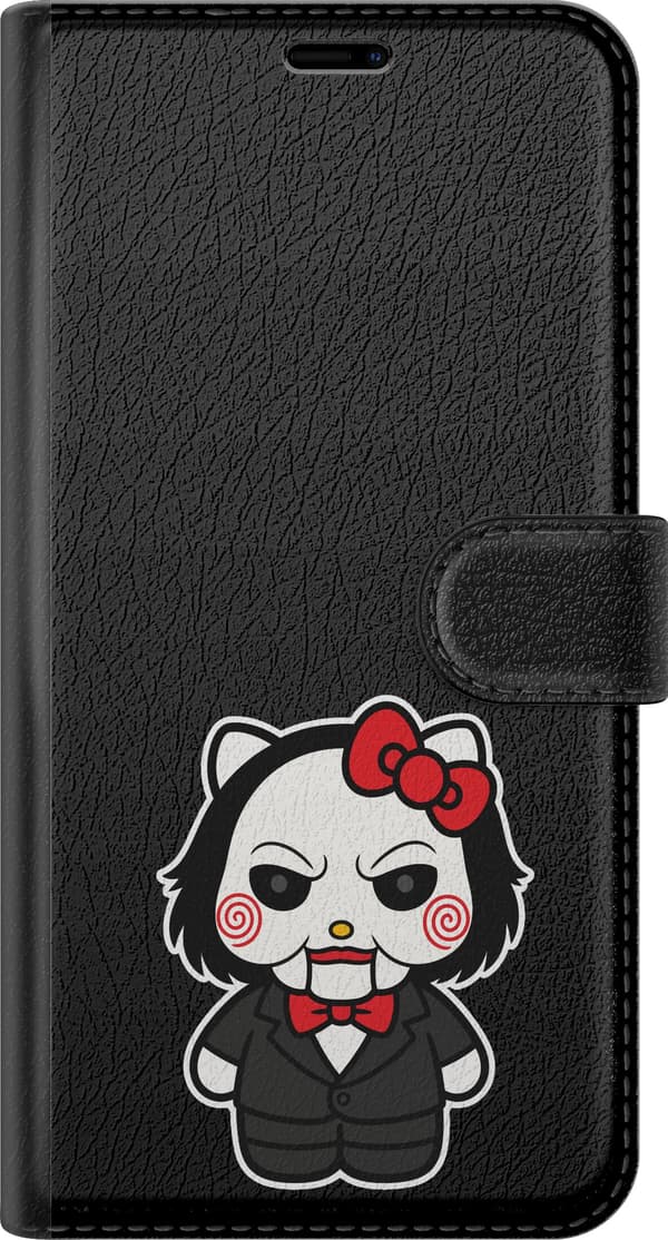 Kompatibel Tegnebogsetui til Apple iPhone 14 Pro Max Dukkemaskekat - Sort motiv med rosetkat som dukkefigur. sort