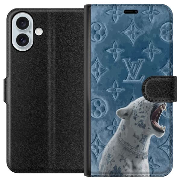 Kompatibel Tegnebogsetui til Apple iPhone 16 Plus Eksklusiv hvid leopard med blå detaljer og elegant mønstret baggrund blå