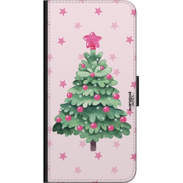 Kompatibel Tegnebogsetui til Xiaomi Redmi Note 10S Juletræ med lyserøde hjerter - julemotiv på lyserød baggrund pink