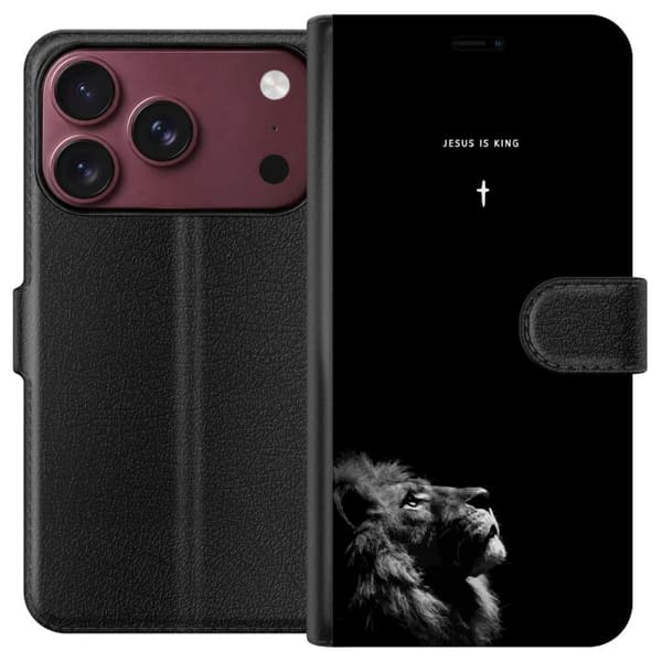 Kompatibel Tegnebogsetui til Apple iPhone 18 Pro Max Lejon med Jesus is King citat sort