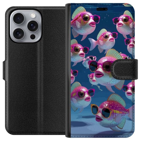 Kompatibel Tegnebogsetui til Apple iPhone 16 Pro Max Fiskar med solglasögon blå
