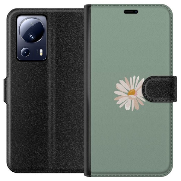 Xiaomi 13 Lite Plånboksfodral Grön Minimalblomma – stilren blomma på grön bakgrund
