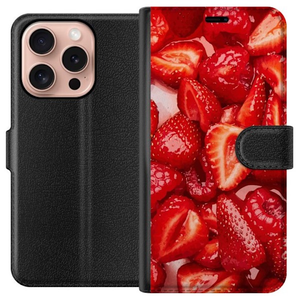 Apple iPhone 16 Pro Tegnebogsetui Jordbærmønster - sødt motiv med sommerstemning